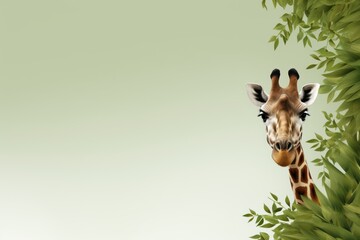  a painting of a giraffe peeking out from behind a tree branch with leaves on it's sides.