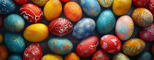 Fototapeta na wymiar Colorful painted easter eggs on dark wooden background. Happy Easter concept