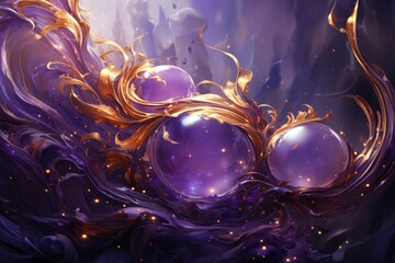  a digital painting of purple bubbles with gold swirls on a blue and purple background with gold swirls on the bottom of the bubbles.