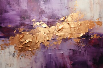  a close up of a painting of gold paint on a purple and white background with a gold leaf on the left side of the painting.
