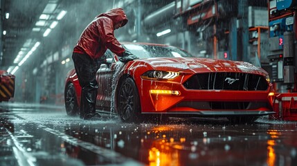 man is washing his red car in darkness