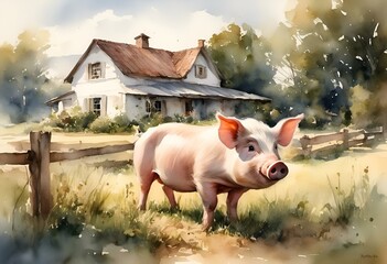 AI generated illustration of a watercolor painting of a pig in a field, standing before a house