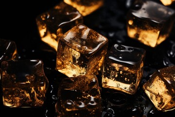  a pile of ice cubes sitting on top of a black table covered in gold colored ice cubes on top of a black surface.