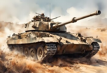 Fototapeta na wymiar AI generated illustration of a military tank creating a dusty explosion in the sandy terrain