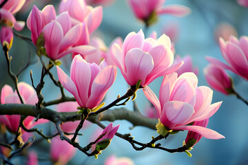 Pink magnolia blossoms in soft light. Vibrant magnolia flowers on a branch. Spring magnolia bloom, close-up view