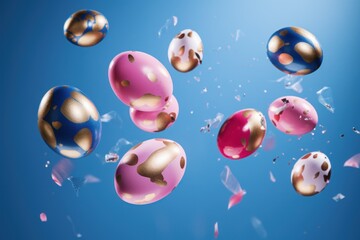  a bunch of different colored balls floating in the air with confetti flying around them on a blue background.