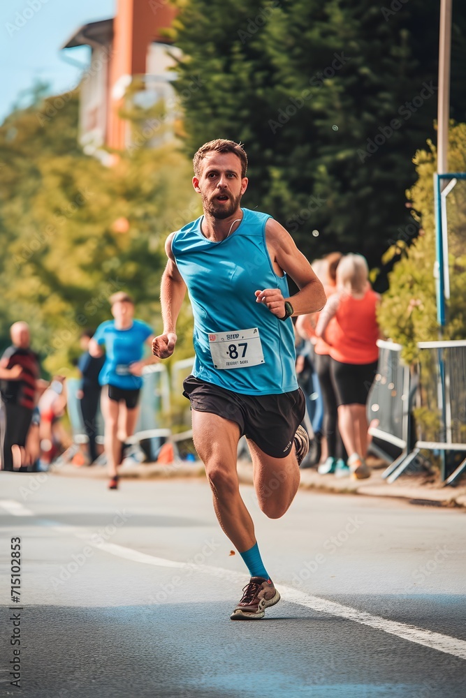 Wall mural man runs in blue shirt running. man running in a running race. runners in the stadium