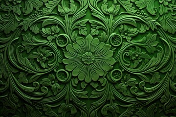  a close up view of a green wallpaper with a flower design on the center of the panel and leaves on the bottom of the panel.