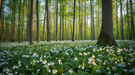 Obraz premium A picturesque woodland clearing blanketed with lily of the valley, creating a sea of fragrant blossoms beneath towering trees. The contrast between the tiny blooms and the majestic
