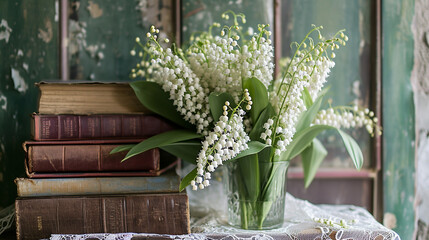 An artistically arranged bouquet of lily of the valley, set against a backdrop of antique books and lace. The composition evokes a sense of vintage charm, accentuating the classic