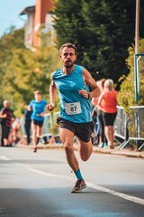 man runs in blue shirt running. man running in a running race. runners in the stadium