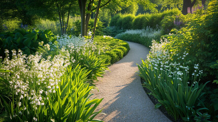A sunlit garden pathway bordered by lily of the valley, the delicate fragrance lingering in the air. The play of light and shadow creates a captivating visual journey through the s