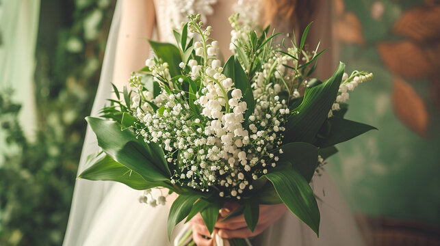 A vintage-inspired bridal bouquet featuring lily of the valley as the focal point, surrounded by lush greenery and delicate blooms. The soft and romantic composition encapsulates t