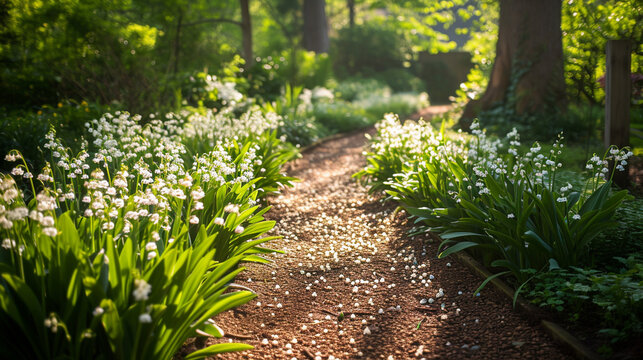 A sunlit garden pathway bordered by lily of the valley, the delicate fragrance lingering in the air. The play of light and shadow creates a captivating visual journey through the s