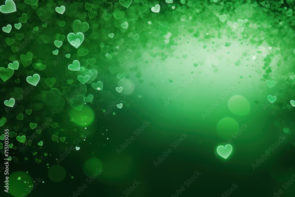 Poster a green background with lots of small hearts on the left side of the image and a green background wi