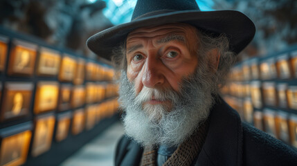 Timeless Wisdom: Elderly Scholar's Portrait Against a Library of Memories