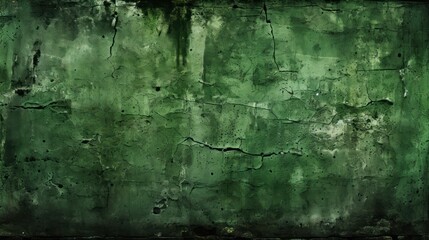  a grungy green wall with peeling paint and a black cat sitting on the ground in front of it.
