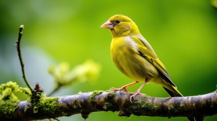  a yellow bird sitting on top of a tree branch next to a green leafy tree branch in front of a blurry background.
