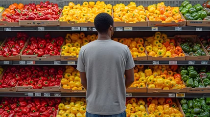 Zelfklevend Fotobehang man sampling peppers from a box on a shelf. fruits and vegetables at the market © Stream Skins