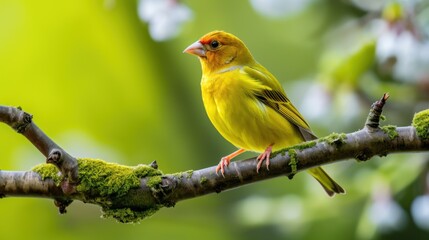  a yellow bird sitting on a tree branch with moss growing on it's sides and a blurry background. - obrazy, fototapety, plakaty