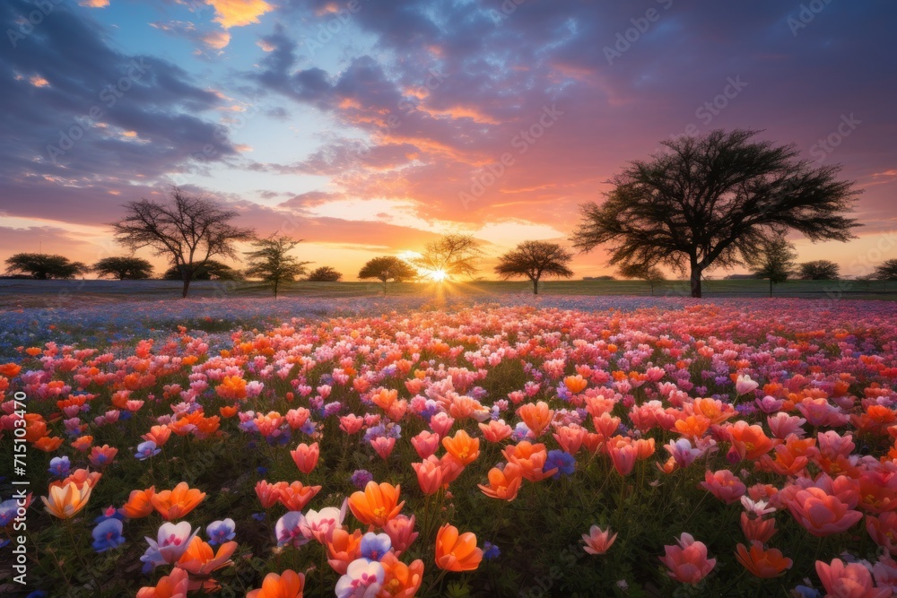 Poster a field full of flowers with the sun setting in the middle of the field in the middle of the day.