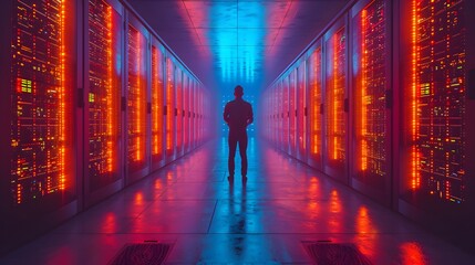 man standing inside a server room. room filled with servers and data server. businessman in the...