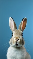 Obraz premium Close-up portrait of a cute rabbit. Isolated on a blue background. Generative AI