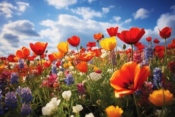  a field full of red, yellow, and white flowers under a blue sky with some clouds in the background.