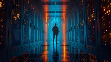 man standing inside a server room. room filled with servers and data server. businessman in the city