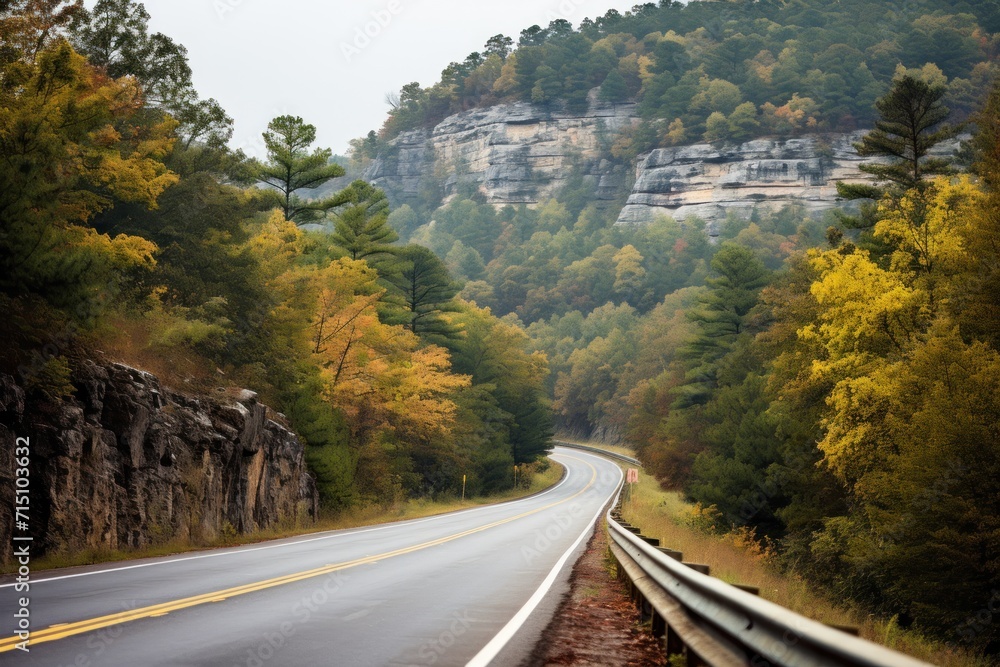 Poster a curve in the road in the middle of a wooded area with a mountain in the back ground and trees on b