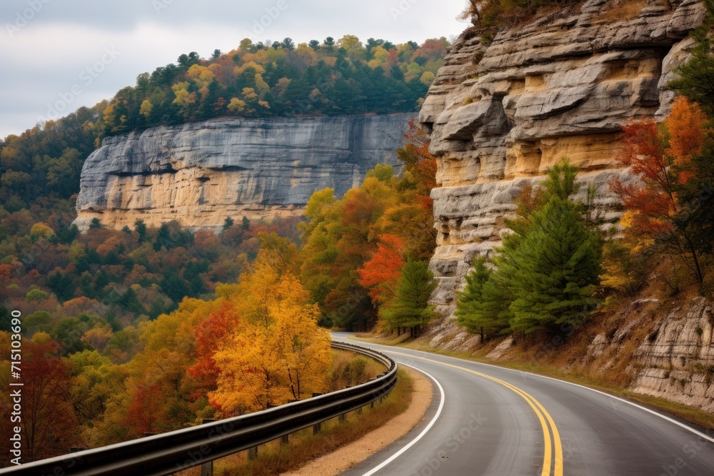 Poster a curve in the road in front of a mountain with fall colored trees on both sides of the road and a c