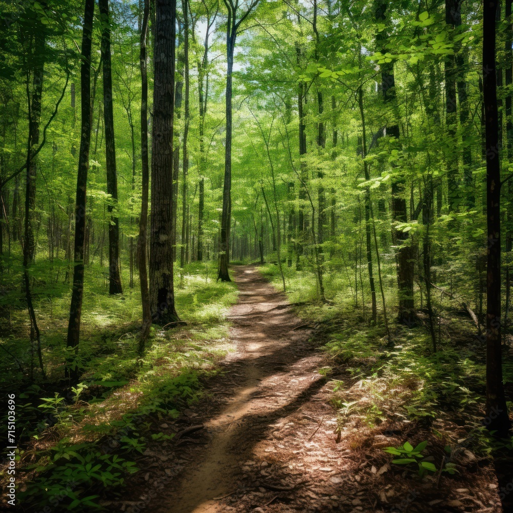 Poster a dirt path in the middle of a forest with lots of trees and grass on both sides of the path.