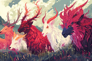 A whimsical illustration of a colorful group of five mythical creatures in a vibrant field, captured in a beautiful painting
