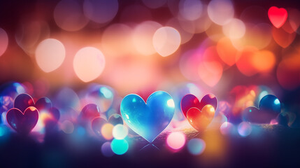 An image of hearts of various sizes and color shades with a beautiful bokeh background for use as decorations and greeting cards.