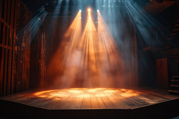 Vibrant Geometric Stage with Colorful Spotlight Beams and Haze, Copy Space