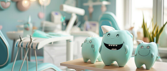 Cheerful tooth characters in a child-friendly dental clinic, making oral care fun