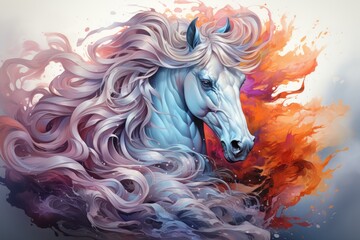Obraz na płótnie Canvas a painting of a white horse with a long mane and red, orange, and blue swirls around it.