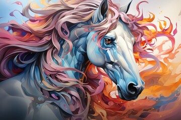  a painting of a white horse with pink manes and orange and yellow streaks on it's manes.