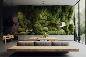  a living room with a couch, table, and a moss wall in front of a dining room table and chairs.