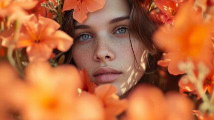 Obraz na płótnie Canvas Beautiful girl among orange flowers.