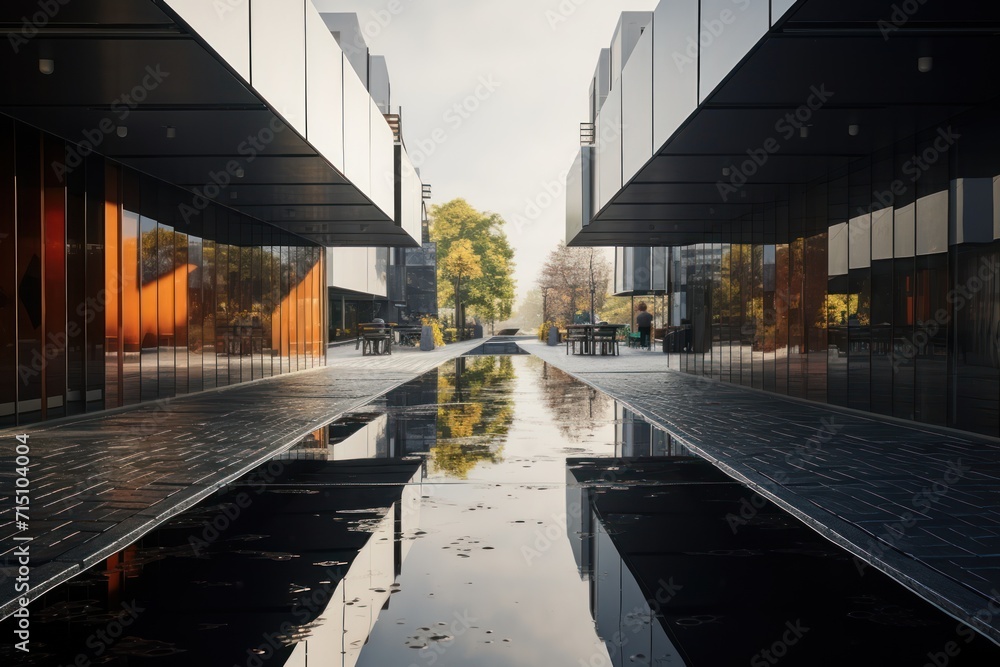 Poster a reflection of a building in a puddle of water on a sidewalk in front of a building with a tree on 