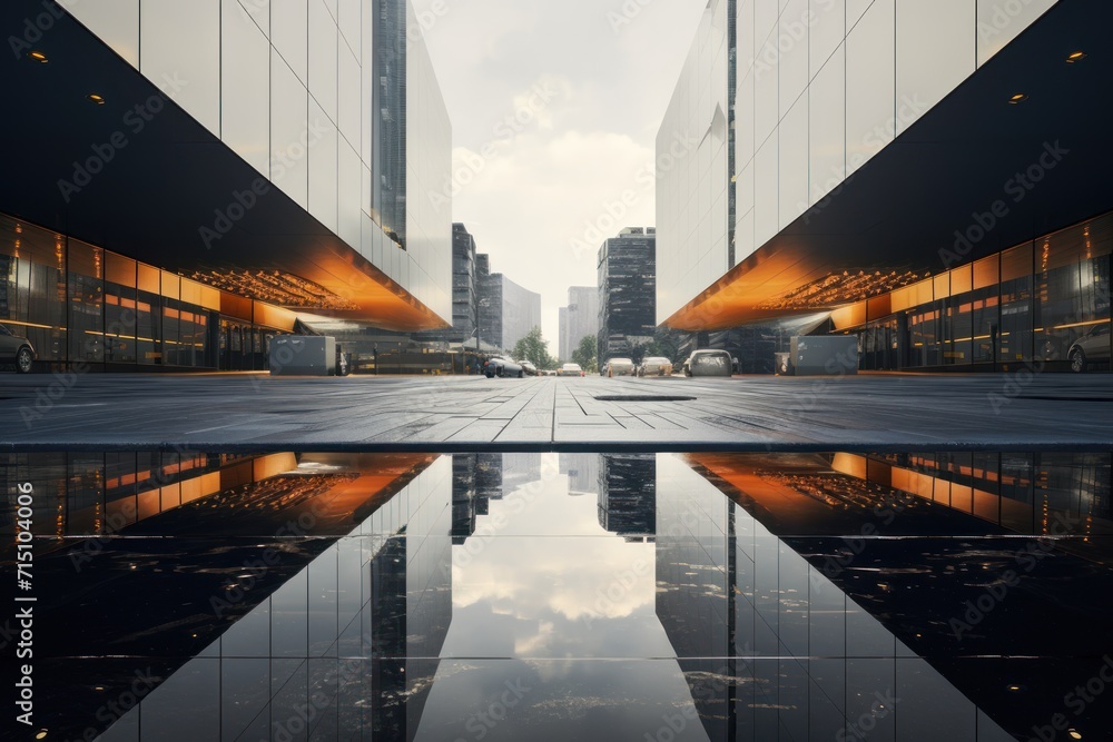 Poster a reflection of a building in a pool of water in the middle of a city with skyscrapers in the backgr