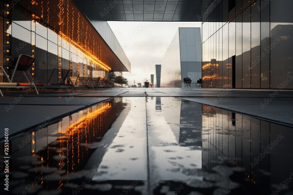 Poster a reflection of a building in a pool of water in the middle of a street in front of a tall building.