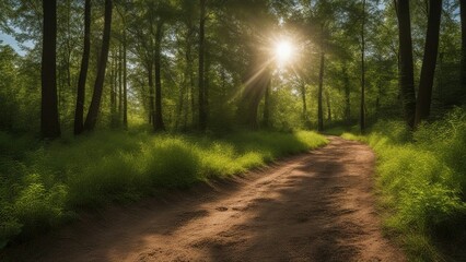 Obraz premium path in the forest a nature scene with a dirt path in the forest and sunshine through the trees 