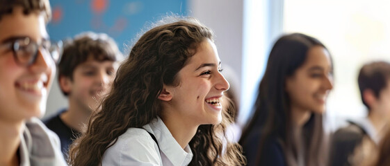 Fototapeta premium Youthful joy in a classroom setting, the future bright in their laughter