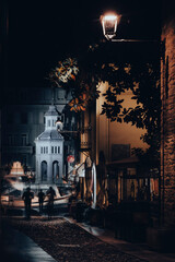 Thunderbolt above the old spa fountain of Acqui Terme, the City of Wine 2024, during a storm in the 2023 autumn.