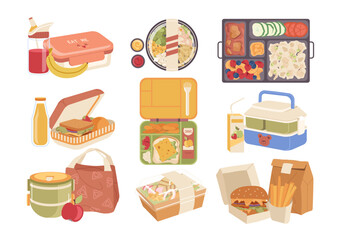School lunch boxes, fast food containers, packed meals and drinks, healthy nutrition bags set