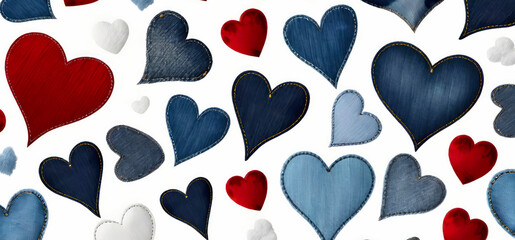 Valentine's Day banner with jeans and velvet texture hearts on white background.Love,romantic concept for design.Generative AI.
