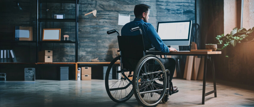 Dedicated professional in a wheelchair immersed in work at an accessible office setup