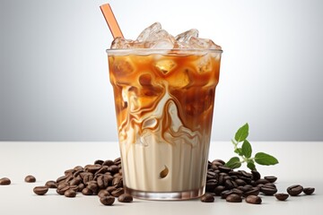  a glass of iced coffee sitting on top of a pile of coffee beans with a straw sticking out of it.